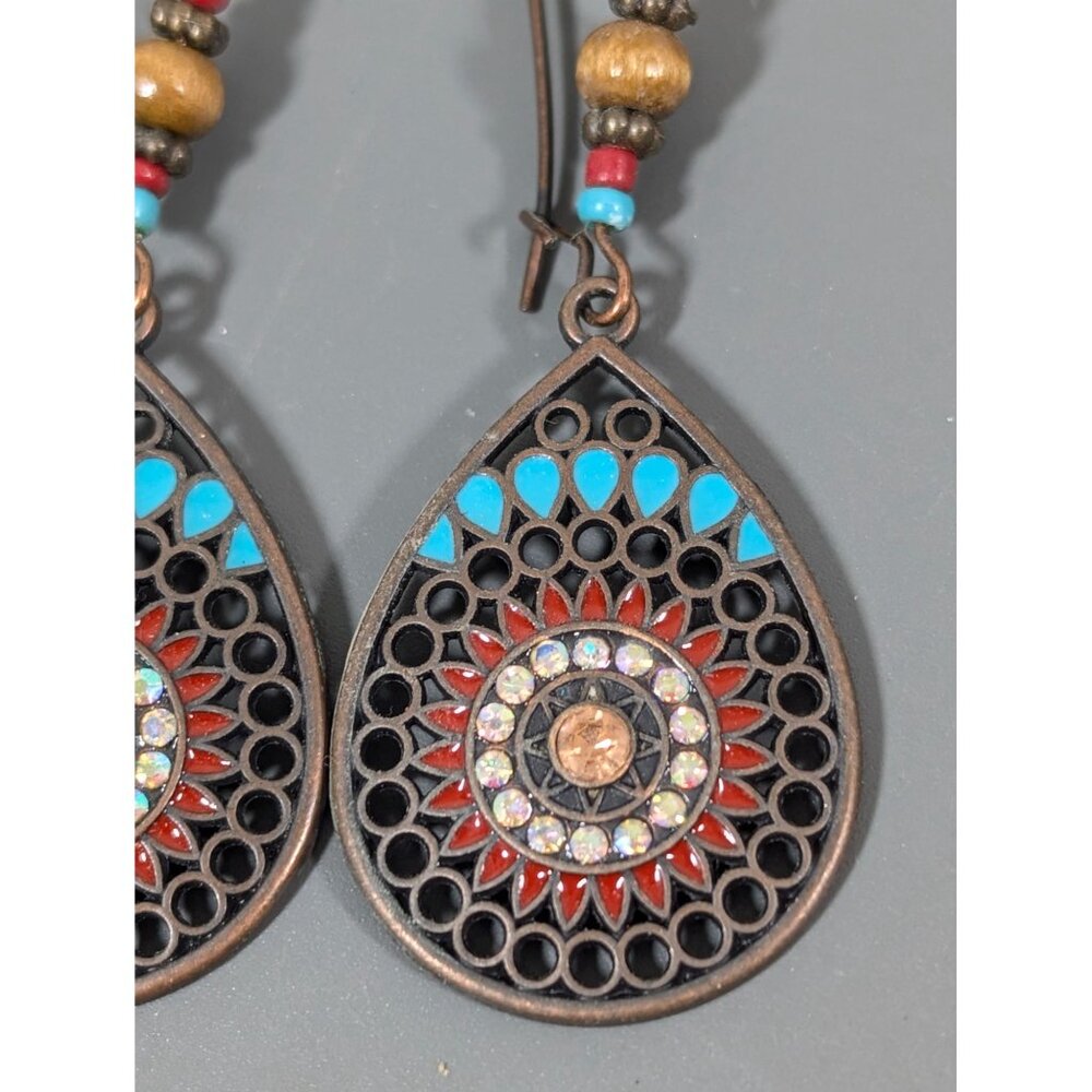 Boho Western Medallion Blue Brown Rhinestone Drop Long Earrings - Picture 2 of 6